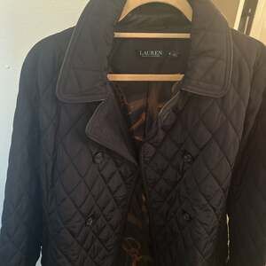 Lauren Ralph Lauren Women's Black Double Breasted Quilted Peacoat with Faux Leat